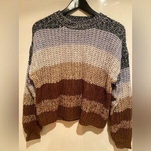 Striped Knit Crew Sweater in Brown, Cream & Gray